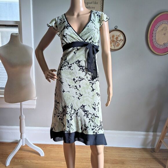 Vintage Y2K Speechless Wrap Dress Green Floral Midi Bow Summer Jrs Size 7 - Picture 3 of 12